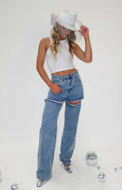 Gem Diamante Trim Wide Leg Denim Jeans-Vavasi.All Rights Reserved.