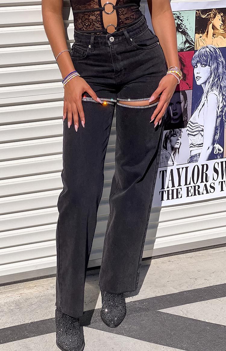 Gem Diamante Trim Wide Leg Black Denim Jeans-Vavasi.All Rights Reserved.