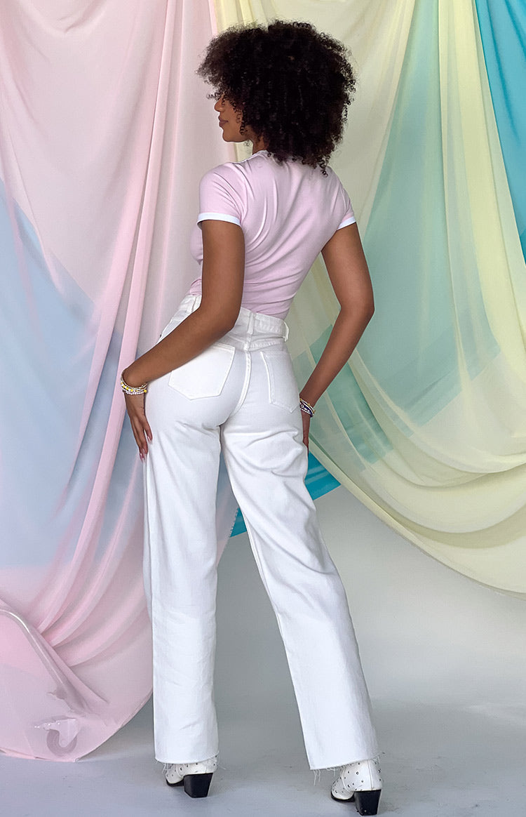 Gem Diamante Trim Wide Leg White Denim Jeans-Vavasi.All Rights Reserved.