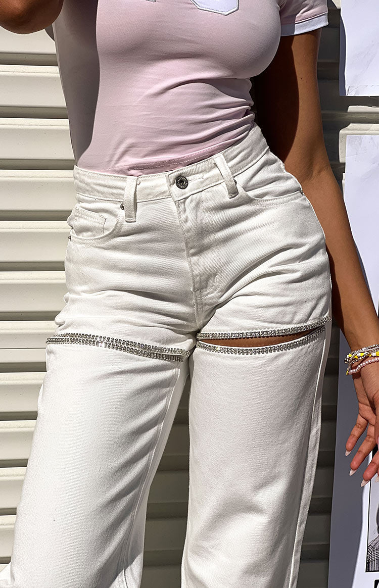 Gem Diamante Trim Wide Leg White Denim Jeans-Vavasi.All Rights Reserved.