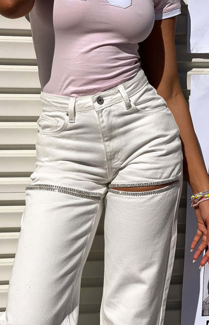 Gem Diamante Trim Wide Leg White Denim Jeans-Vavasi.All Rights Reserved.