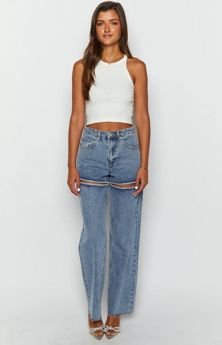 Gem Diamante Trim Wide Leg Denim Jeans-Vavasi.All Rights Reserved.