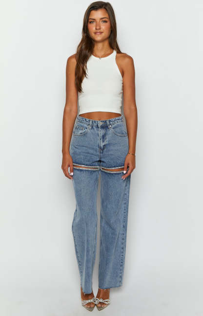 Gem Diamante Trim Wide Leg Denim Jeans-Vavasi.All Rights Reserved.