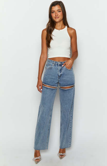 Gem Diamante Trim Wide Leg Denim Jeans-Vavasi.All Rights Reserved.