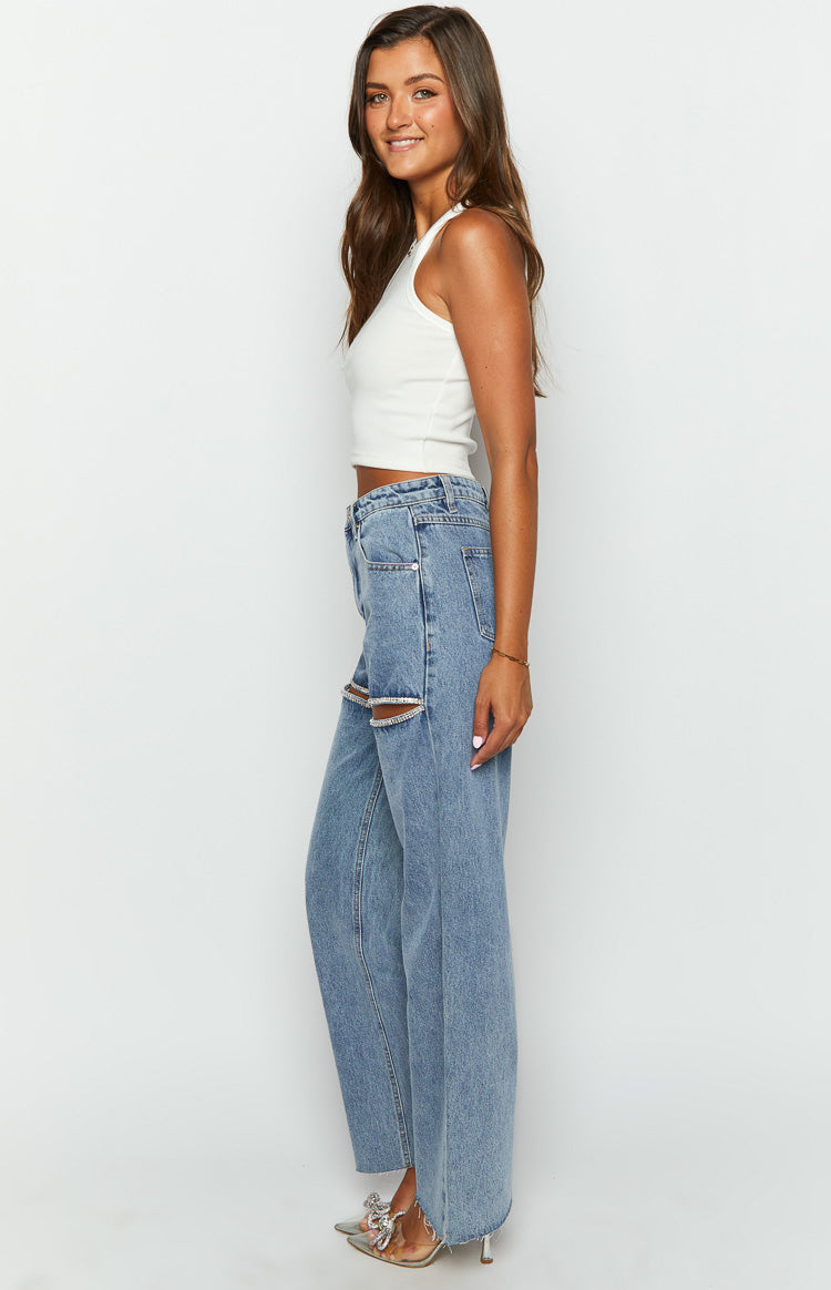 Gem Diamante Trim Wide Leg Denim Jeans-Vavasi.All Rights Reserved.
