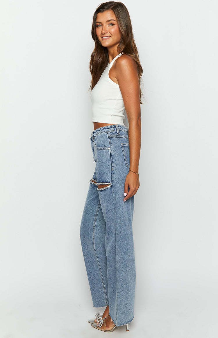Gem Diamante Trim Wide Leg Denim Jeans-Vavasi.All Rights Reserved.