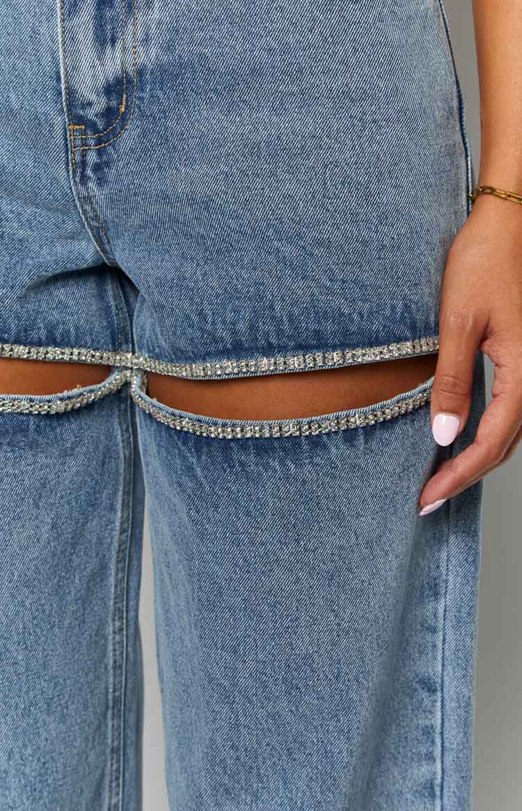 Gem Diamante Trim Wide Leg Denim Jeans-Vavasi.All Rights Reserved.