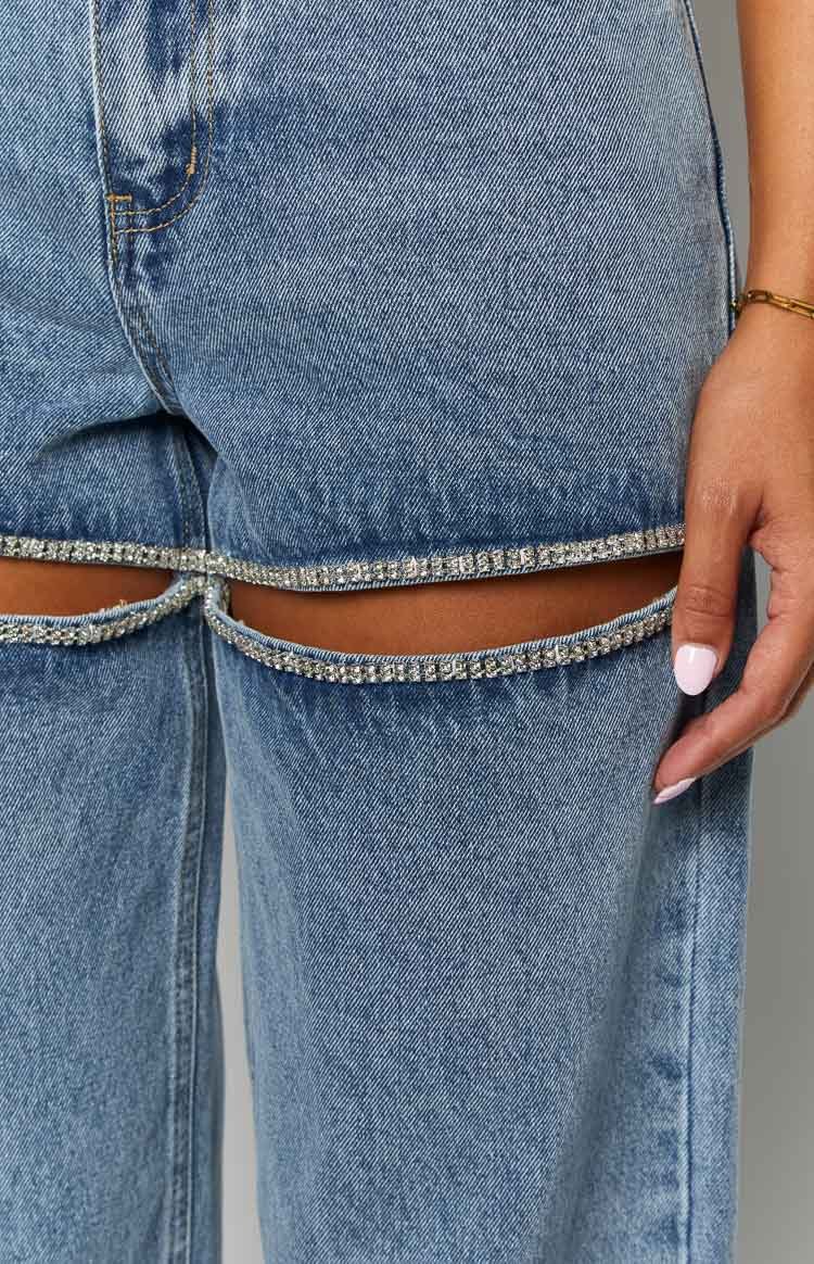 Gem Diamante Trim Wide Leg Denim Jeans-Vavasi.All Rights Reserved.