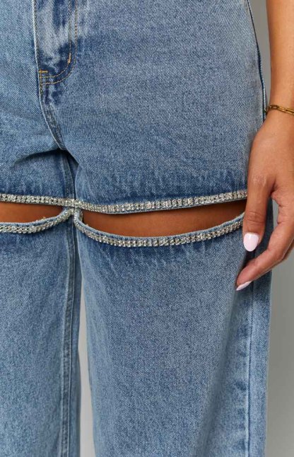 Gem Diamante Trim Wide Leg Denim Jeans-Vavasi.All Rights Reserved.
