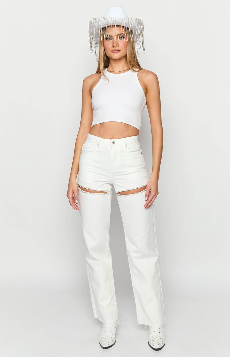 Gem Diamante Trim Wide Leg White Denim Jeans-Vavasi.All Rights Reserved.