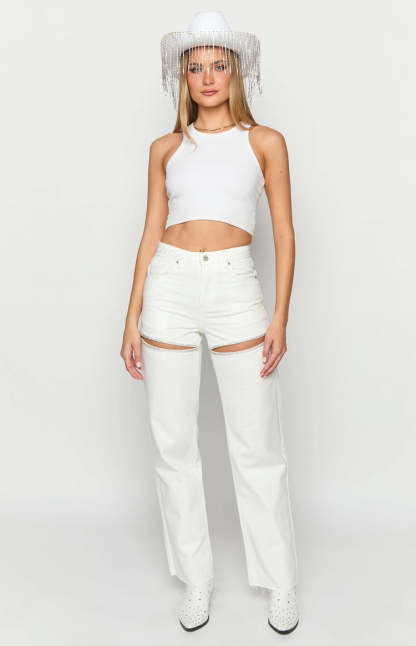 Gem Diamante Trim Wide Leg White Denim Jeans-Vavasi.All Rights Reserved.