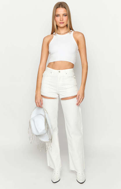 Gem Diamante Trim Wide Leg White Denim Jeans-Vavasi.All Rights Reserved.