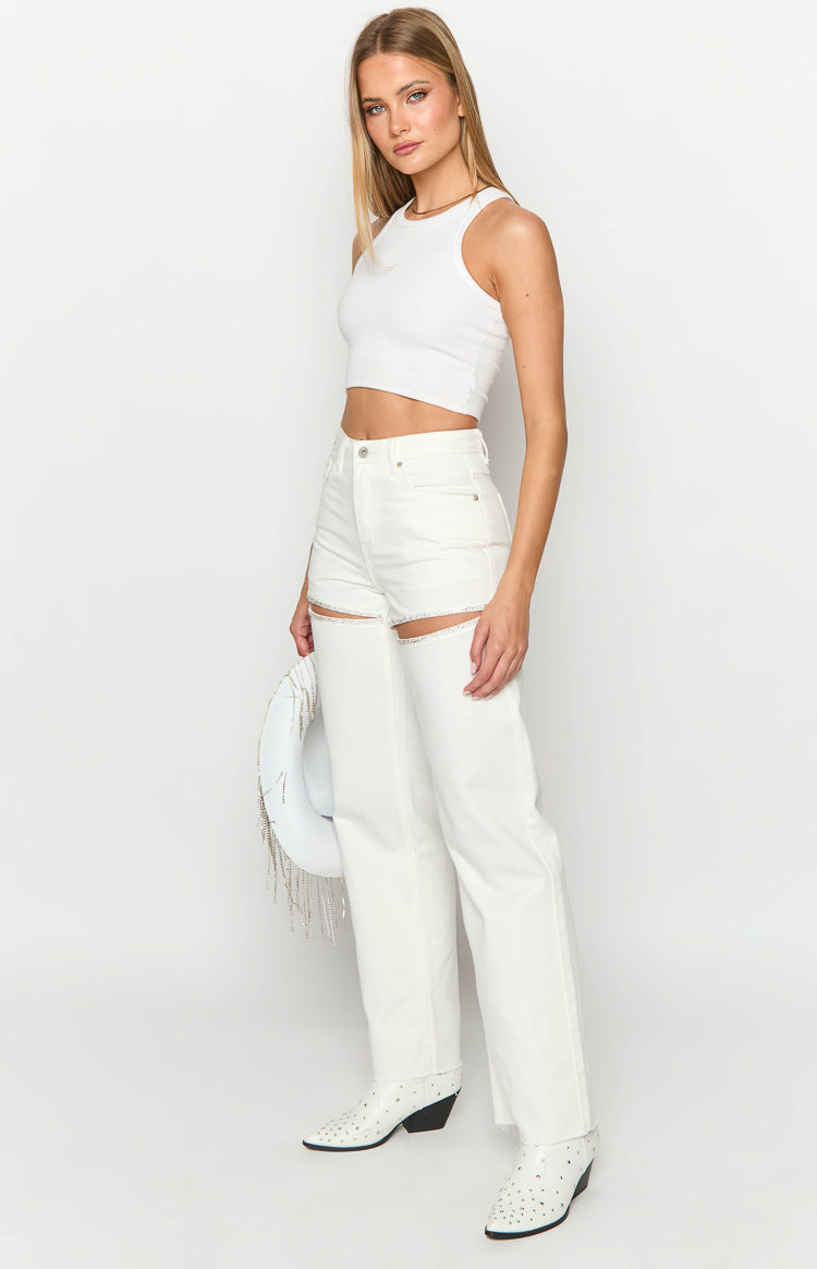Gem Diamante Trim Wide Leg White Denim Jeans-Vavasi.All Rights Reserved.