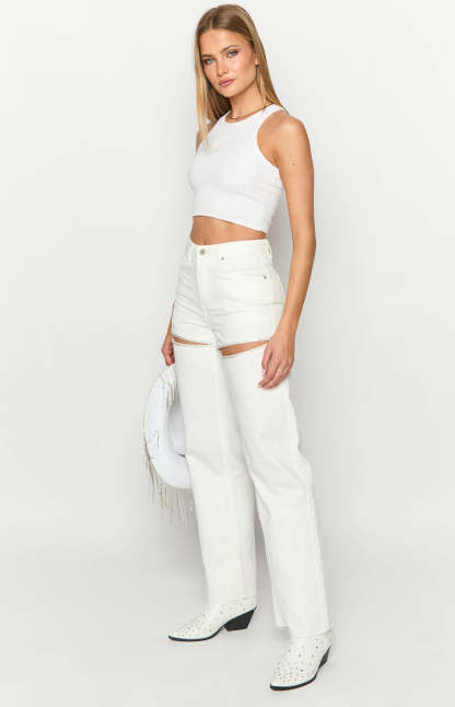 Gem Diamante Trim Wide Leg White Denim Jeans-Vavasi.All Rights Reserved.