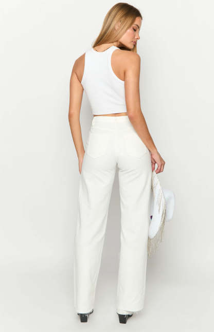 Gem Diamante Trim Wide Leg White Denim Jeans-Vavasi.All Rights Reserved.