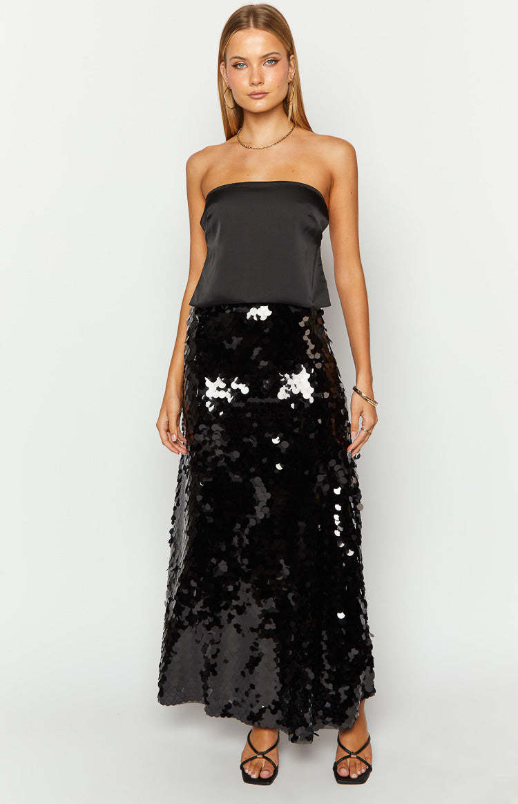 Genevieve Black Sequin Maxi Skirt-Vavasi.All Rights Reserved.