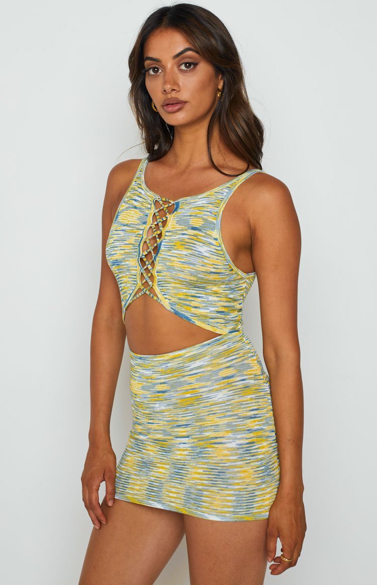 Georgie Yellow Lace Up Mini Dress-Vavasi.All Rights Reserved.