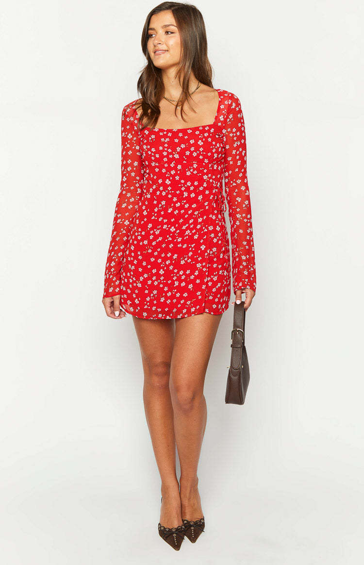Goldie Red Floral Long Sleeve Mini Dress-Vavasi.All Rights Reserved.