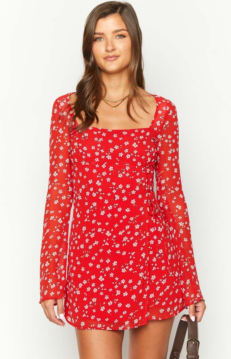 Goldie Red Floral Long Sleeve Mini Dress-Vavasi.All Rights Reserved.