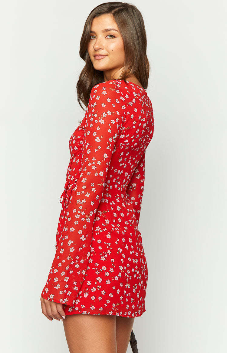 Goldie Red Floral Long Sleeve Mini Dress-Vavasi.All Rights Reserved.