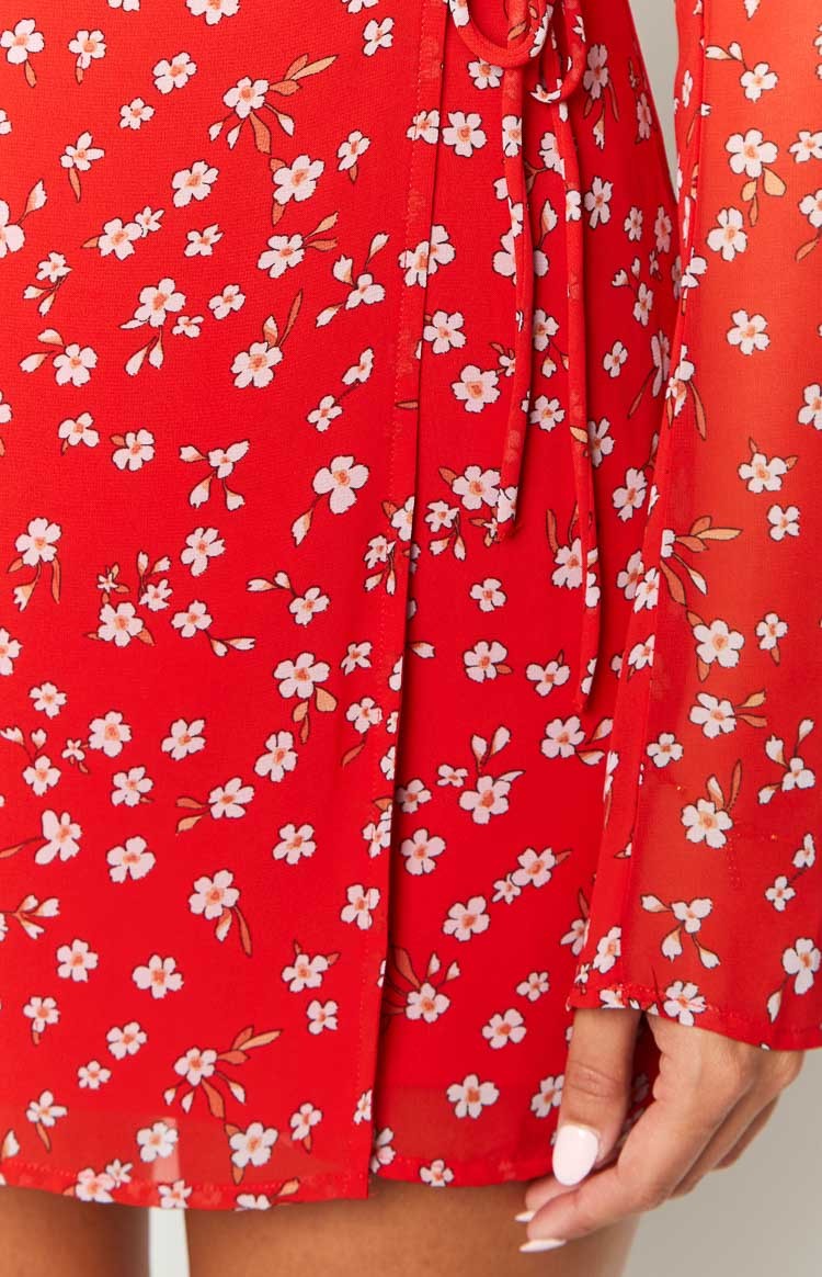 Goldie Red Floral Long Sleeve Mini Dress-Vavasi.All Rights Reserved.