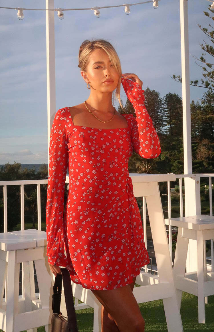 Goldie Red Floral Long Sleeve Mini Dress-Vavasi.All Rights Reserved.