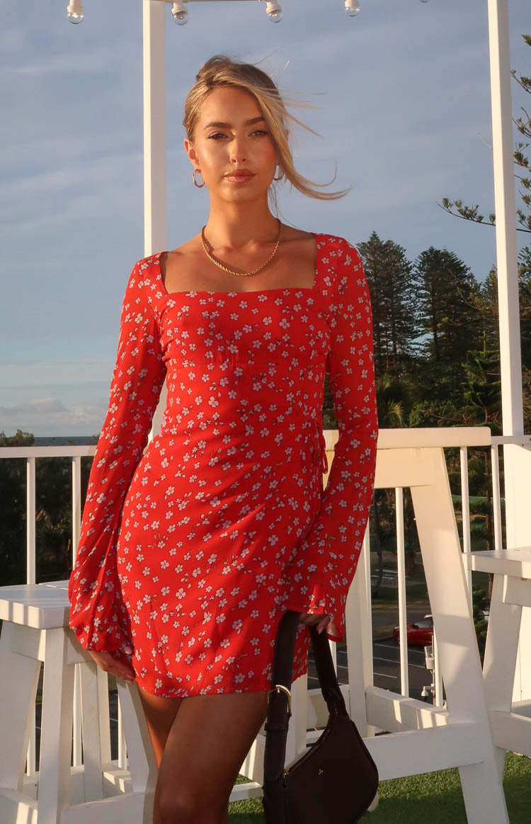 Goldie Red Floral Long Sleeve Mini Dress-Vavasi.All Rights Reserved.