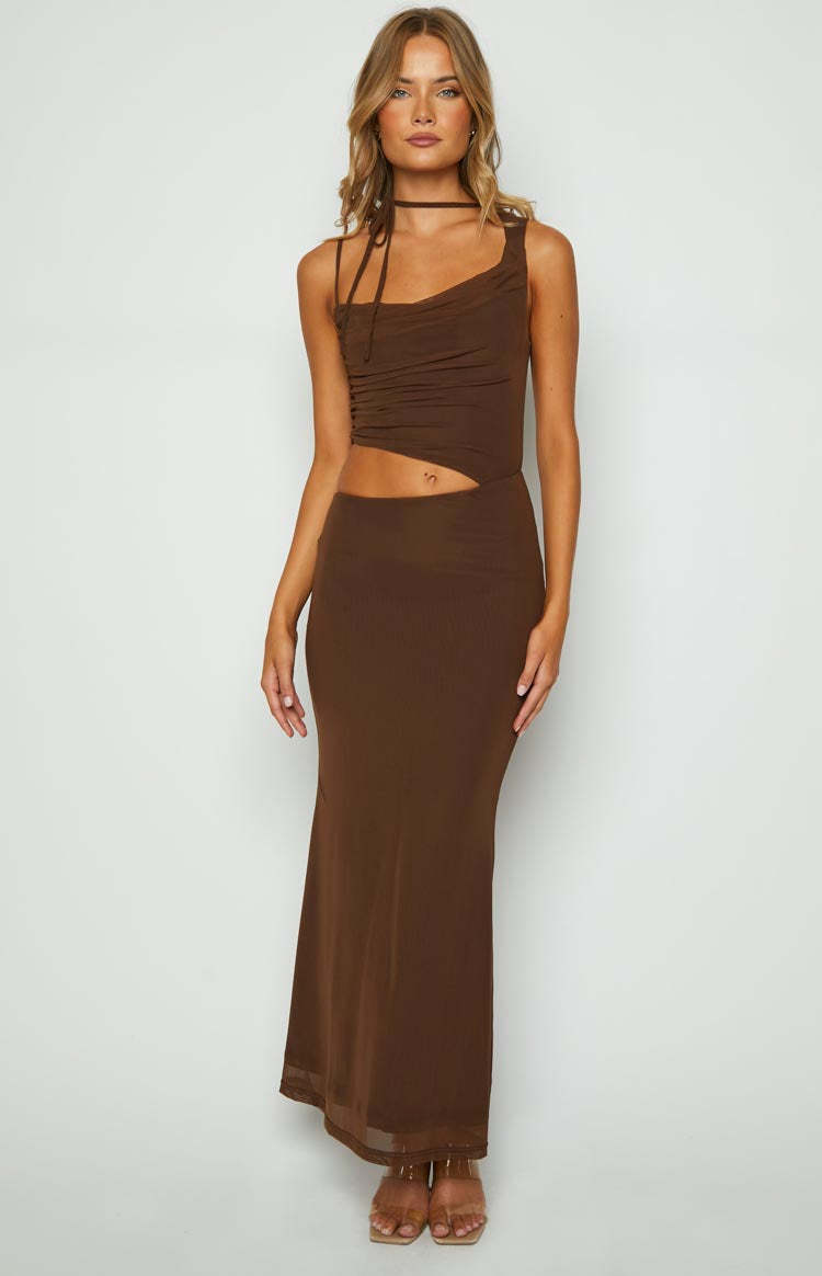 Graciela Brown Tie Neck Mesh Maxi Dress-Vavasi.All Rights Reserved.