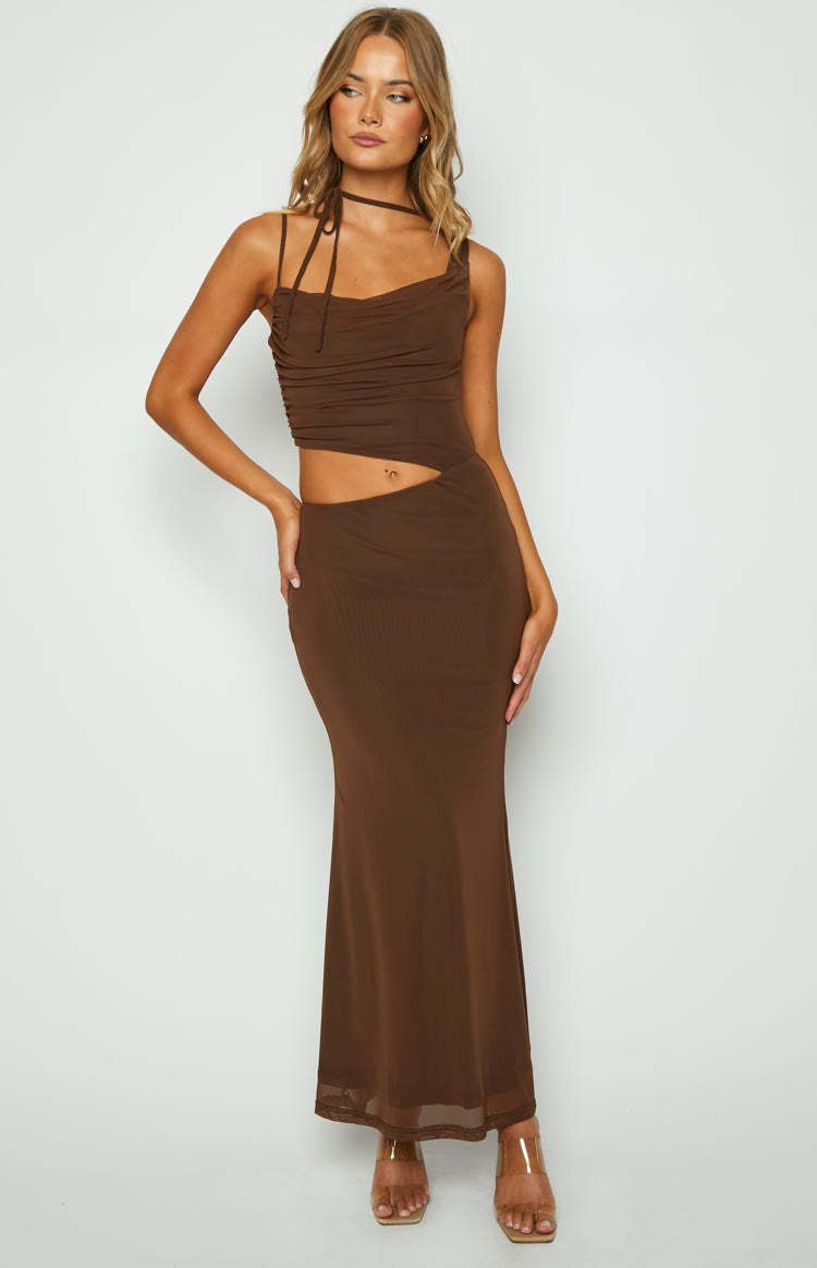 Graciela Brown Tie Neck Mesh Maxi Dress-Vavasi.All Rights Reserved.