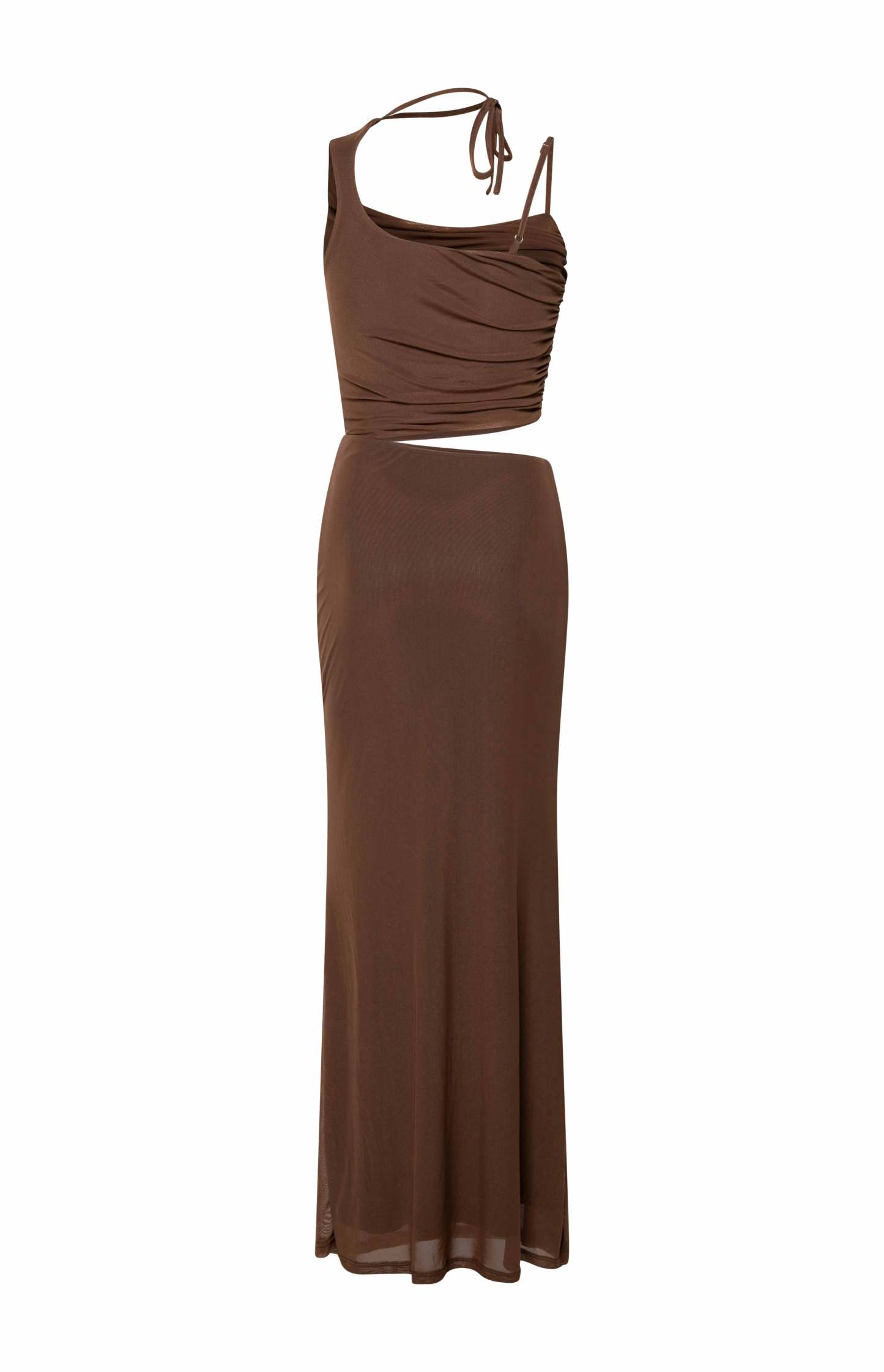 Graciela Brown Tie Neck Mesh Maxi Dress-Vavasi.All Rights Reserved.