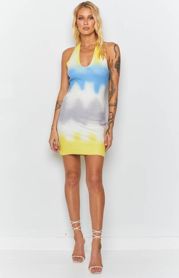 Graffiti Halter Mini Dress Yellow-Vavasi.All Rights Reserved.