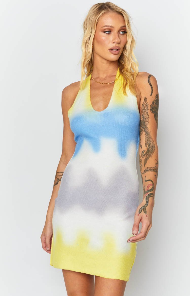 Graffiti Halter Mini Dress Yellow-Vavasi.All Rights Reserved.
