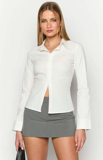 Helen White Fitted Long Sleeve Shirt-Vavasi.All Rights Reserved.