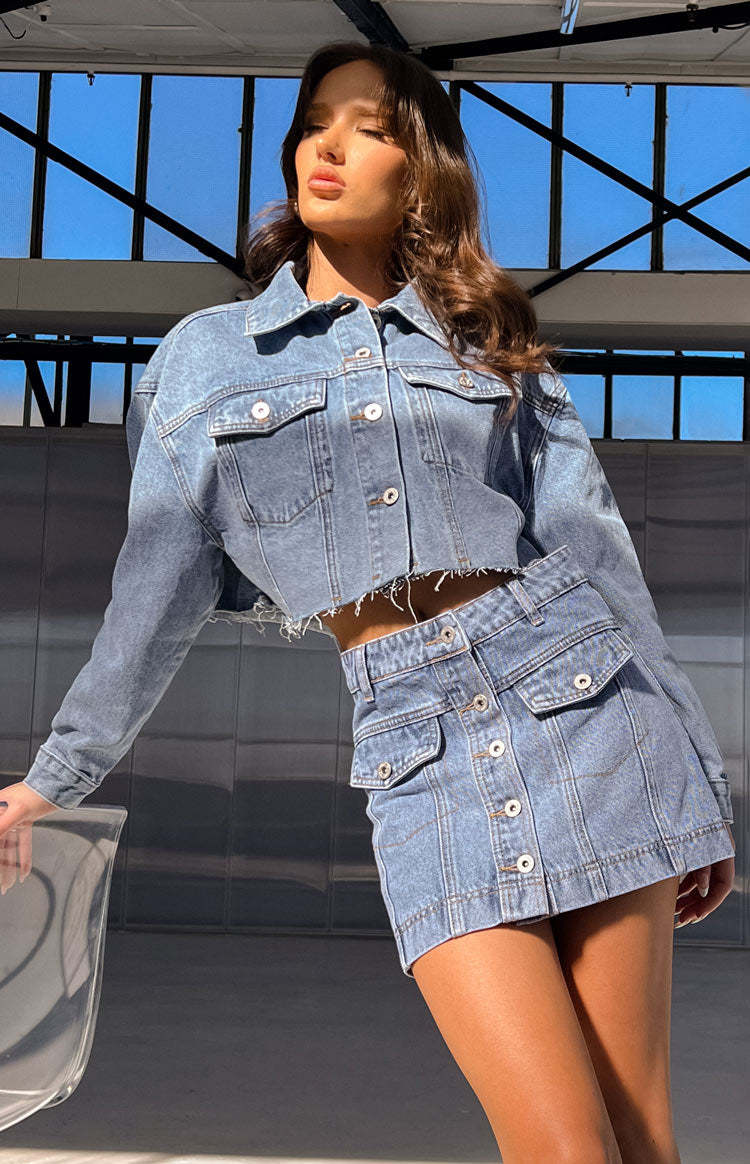 Helena Mid Wash Denim Cropped Jacket-Vavasi.All Rights Reserved.