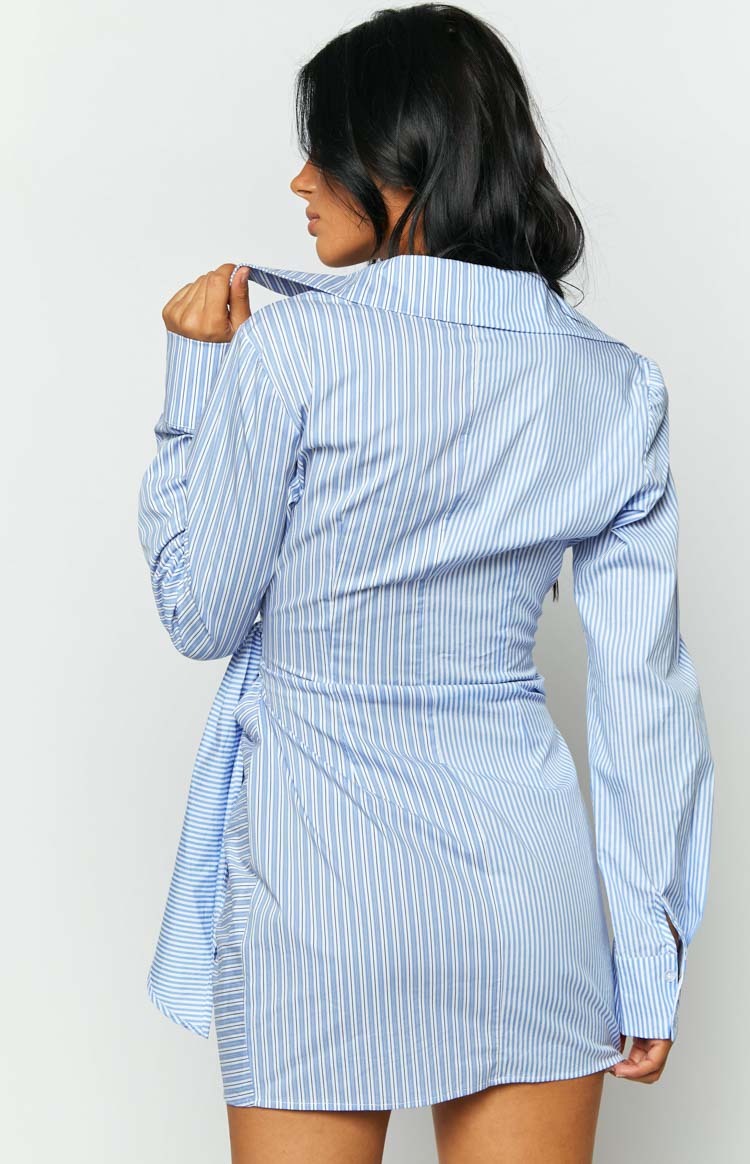 Holly Blue Stripe Tie Up Shirt Mini Dress-Vavasi.All Rights Reserved.