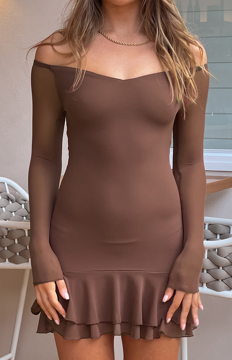 Houdini Brown Long Sleeve Mini Dress-Vavasi.All Rights Reserved.