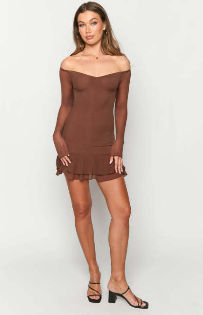 Houdini Brown Long Sleeve Mini Dress-Vavasi.All Rights Reserved.