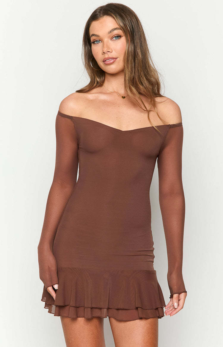 Houdini Brown Long Sleeve Mini Dress-Vavasi.All Rights Reserved.