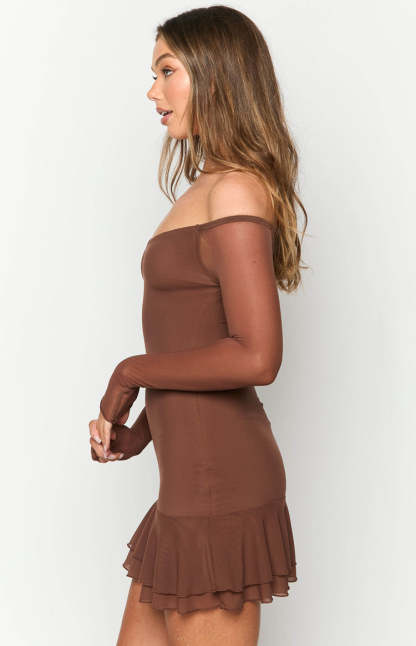 Houdini Brown Long Sleeve Mini Dress-Vavasi.All Rights Reserved.