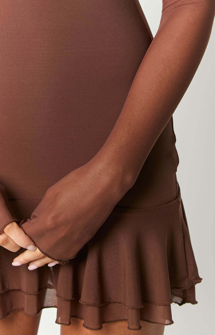 Houdini Brown Long Sleeve Mini Dress-Vavasi.All Rights Reserved.