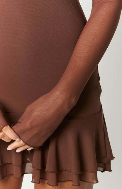 Houdini Brown Long Sleeve Mini Dress-Vavasi.All Rights Reserved.
