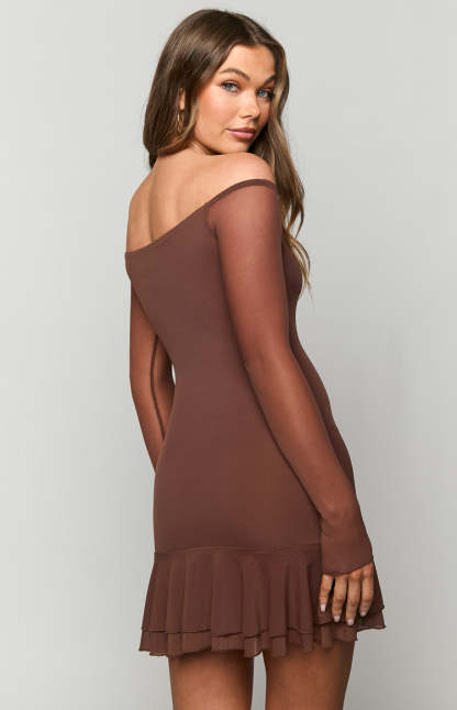 Houdini Brown Long Sleeve Mini Dress-Vavasi.All Rights Reserved.