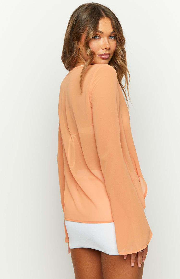 How It Goes Orange Chiffon Long Sleeve Top-Vavasi.All Rights Reserved.