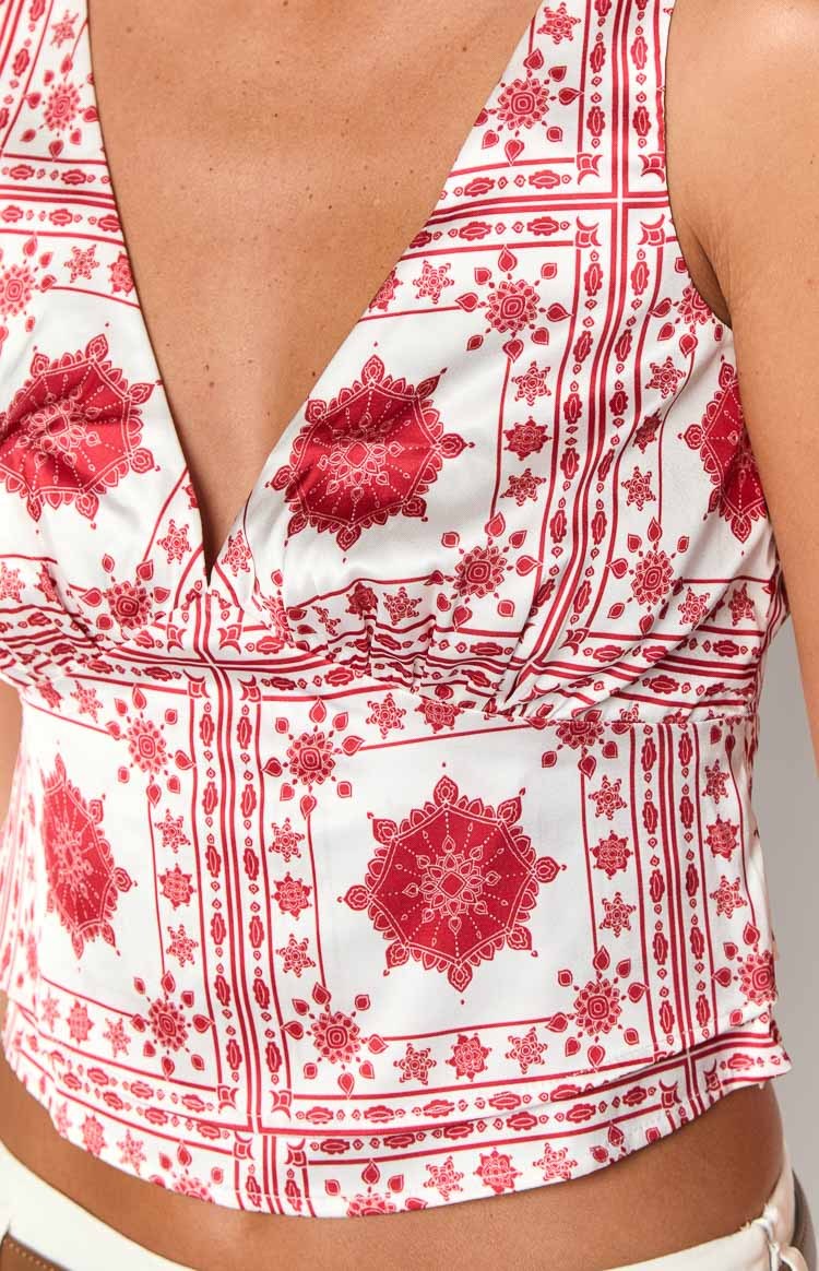 Ivory Petal Red Tile Print Top-Vavasi.All Rights Reserved.