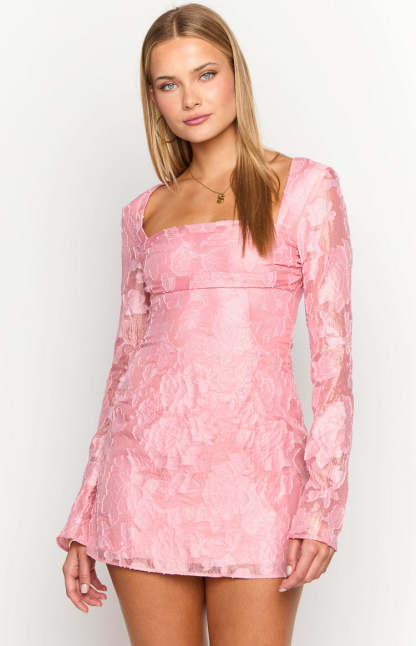 Iggy Pink Floral Long Sleeve Mini Dress-Vavasi.All Rights Reserved.