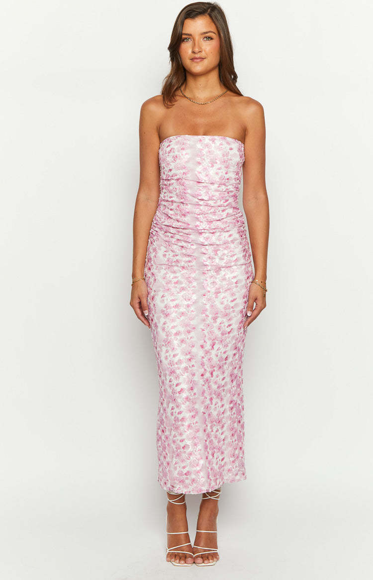 Imogen Pink Floral Print Strapless Maxi Dress-Vavasi.All Rights Reserved.