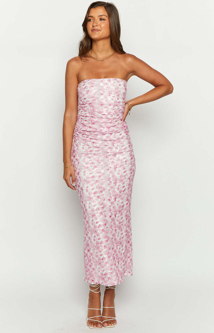 Imogen Pink Floral Print Strapless Maxi Dress-Vavasi.All Rights Reserved.