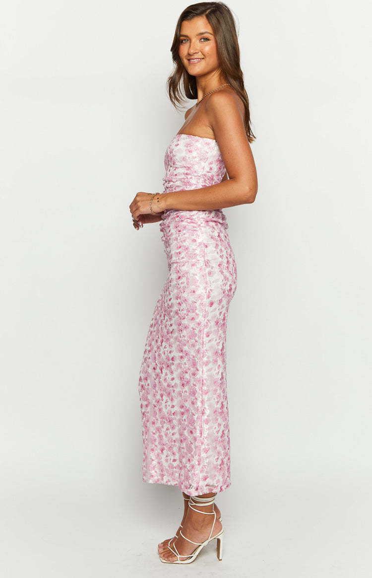 Imogen Pink Floral Print Strapless Maxi Dress-Vavasi.All Rights Reserved.