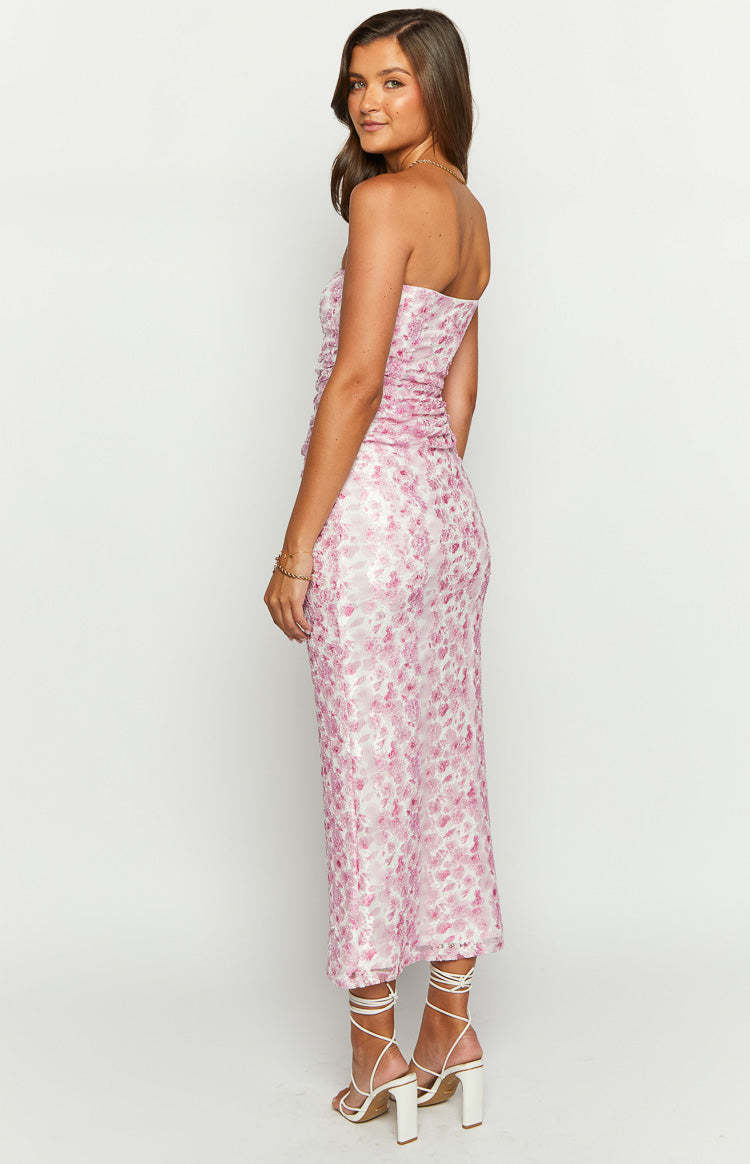 Imogen Pink Floral Print Strapless Maxi Dress-Vavasi.All Rights Reserved.