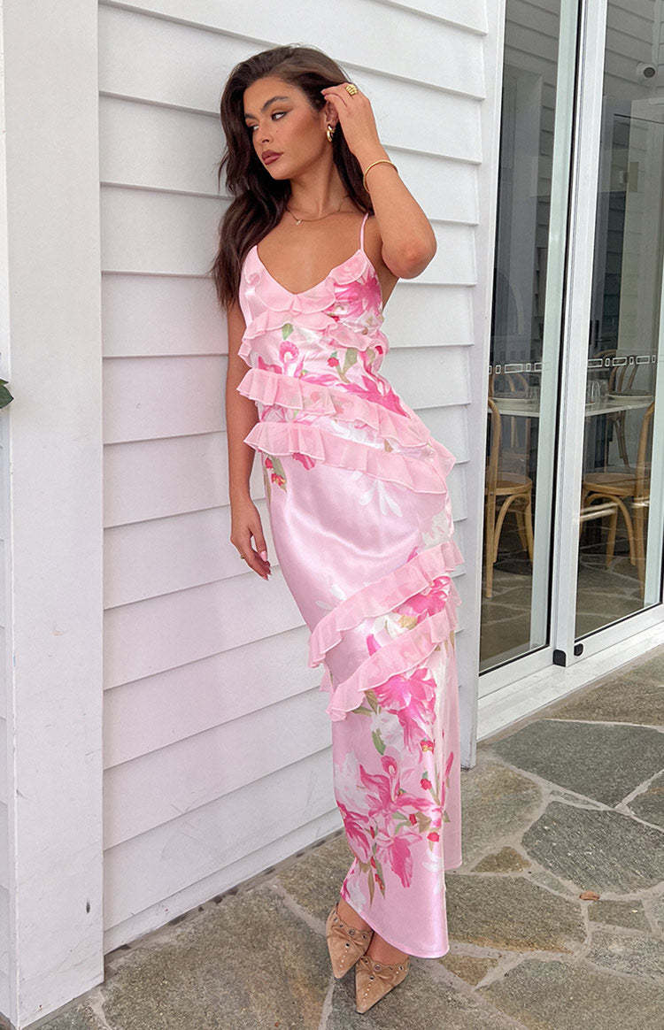 Inara Pink Floral Print Ruffle Maxi Dress-Vavasi.All Rights Reserved.
